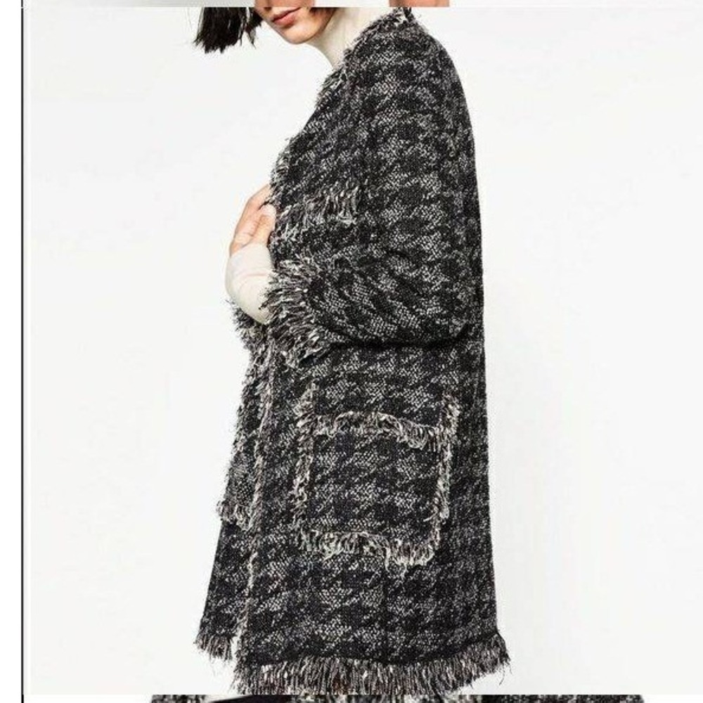 Zara Oversized Houndstooth Fringe Tweed Boucle Coat Jacket Long Rustic Academia